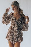 Brown Bubble Sleeve Floral Romper