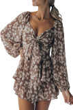 Brown Bubble Sleeve Floral Romper