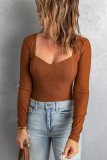 Brown Square Neck Ribbed Knit Slim-fit Long Sleeve Top