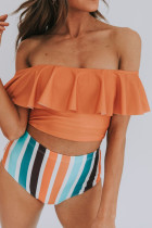 Orange Ruffled Top and Striped High waisted swimsuit