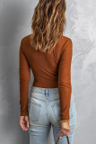 Brown Square Neck Ribbed Knit Slim-fit Long Sleeve Top