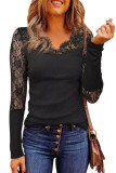 Black Lace Splicing Ribbed Long Sleeve Top