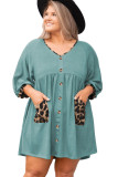 Leopard Patchwork V Neck Buttons Plus Size Babydoll Dress