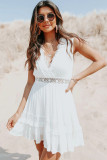 White Lace Crochet Flounce V Neck Sleeveless Mini Dress