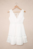 White Lace Crochet Flounce V Neck Sleeveless Mini Dress