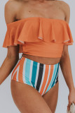 Orange Ruffled Top and Striped High waisted swimsuit