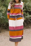 Red Multicolor Block Drawstring Waist Long Sleeve Midi Dress