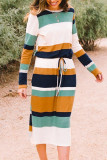 Green Multicolor Block Drawstring Waist Long Sleeve Midi Dress