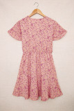 Pink Floral Print Tie Knot Ruffled Short Sleeve Mini Dress