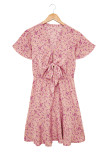 Pink Floral Print Tie Knot Ruffled Short Sleeve Mini Dress