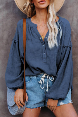 Blue Casual Balloon Sleeve Crinkled Top