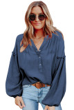 Blue Casual Balloon Sleeve Crinkled Top