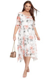 White Plus Size Crewneck Half Sleeve Floral Midi Dress