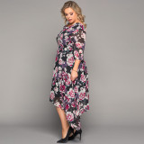 Black Plus Size Crewneck Half Sleeve Floral Midi Dress