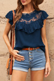 Navy Lace Splicing Ruffled Short Sleeve T-shirt