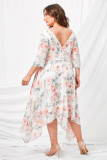 White Plus Size Crewneck Half Sleeve Floral Midi Dress