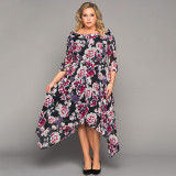 Black Plus Size Crewneck Half Sleeve Floral Midi Dress