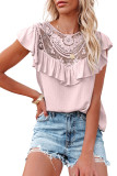 Pink Lace Splicing Ruffled Short Sleeve T-shirt