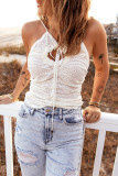 White Keyhole Front Tie Textured Tank Top