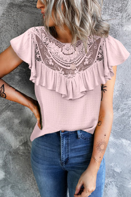 Pink Lace Splicing Ruffled Short Sleeve T-shirt