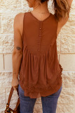 Brown Lace Detail Buttons Back Sleeveless Top