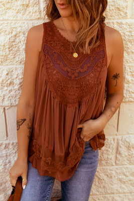 Brown Lace Detail Buttons Back Sleeveless Top