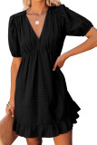 Black Checkered Pattern Puff Sleeve Babydoll Dress