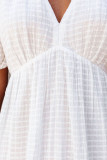 White Checkered Pattern Puff Sleeve Babydoll Dress