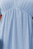 Sky Blue Checkered Pattern Puff Sleeve Babydoll Dress