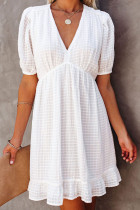 White Checkered Pattern Puff Sleeve Babydoll Dress