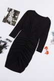 Black Crewneck Long Sleeve Shirred Split Bodycon Dress
