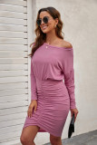 Pink Crewneck Long Sleeve Shirred Split Bodycon Dress