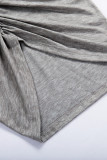 Crewneck Long Sleeve Shirred Split Bodycon Dress