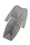 Crewneck Long Sleeve Shirred Split Bodycon Dress