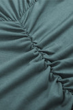 Sky Blue Crewneck Long Sleeve Shirred Split Bodycon Dress