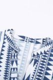 Blue Geometric Print V neck Flare Half Sleeve Ruffle Swing Mini Dress