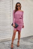 Pink Crewneck Long Sleeve Shirred Split Bodycon Dress