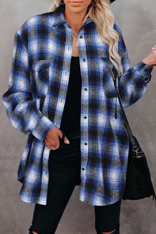 Blue Buttons Pocketed Plaid Shacket