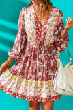 Floral Print Lace-up Puff Sleeve V Neck Mini Dress