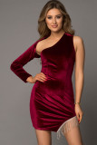Burgundy Fringe One Shoulder Long Sleeve Mini Dress