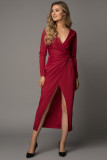 Wine Red Long Sleeve V Neck Twist Front Slit Long Dress