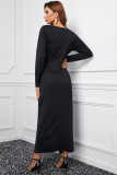 Black Long Sleeve V Neck Twist Front Slit Long Dress