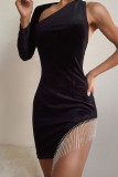 Black Fringe One Shoulder Long Sleeve Mini Dress