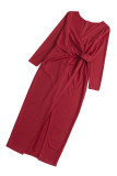 Wine Red Long Sleeve V Neck Twist Front Slit Long Dress