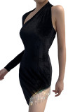 Black Fringe One Shoulder Long Sleeve Mini Dress
