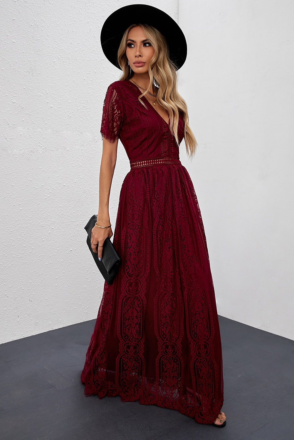 burgundy maxi dress short sleeve US$ 36.84 - Deep V Neck Lace Size:18 years 512D99LFA089 Length romantic Balmain Women's Long Flowing