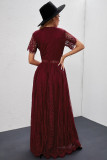Burgundy Deep V Neck Short Sleeve Lace Maxi Dress