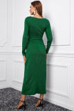 Green Long Sleeve V Neck Twist Front Slit Long Dress