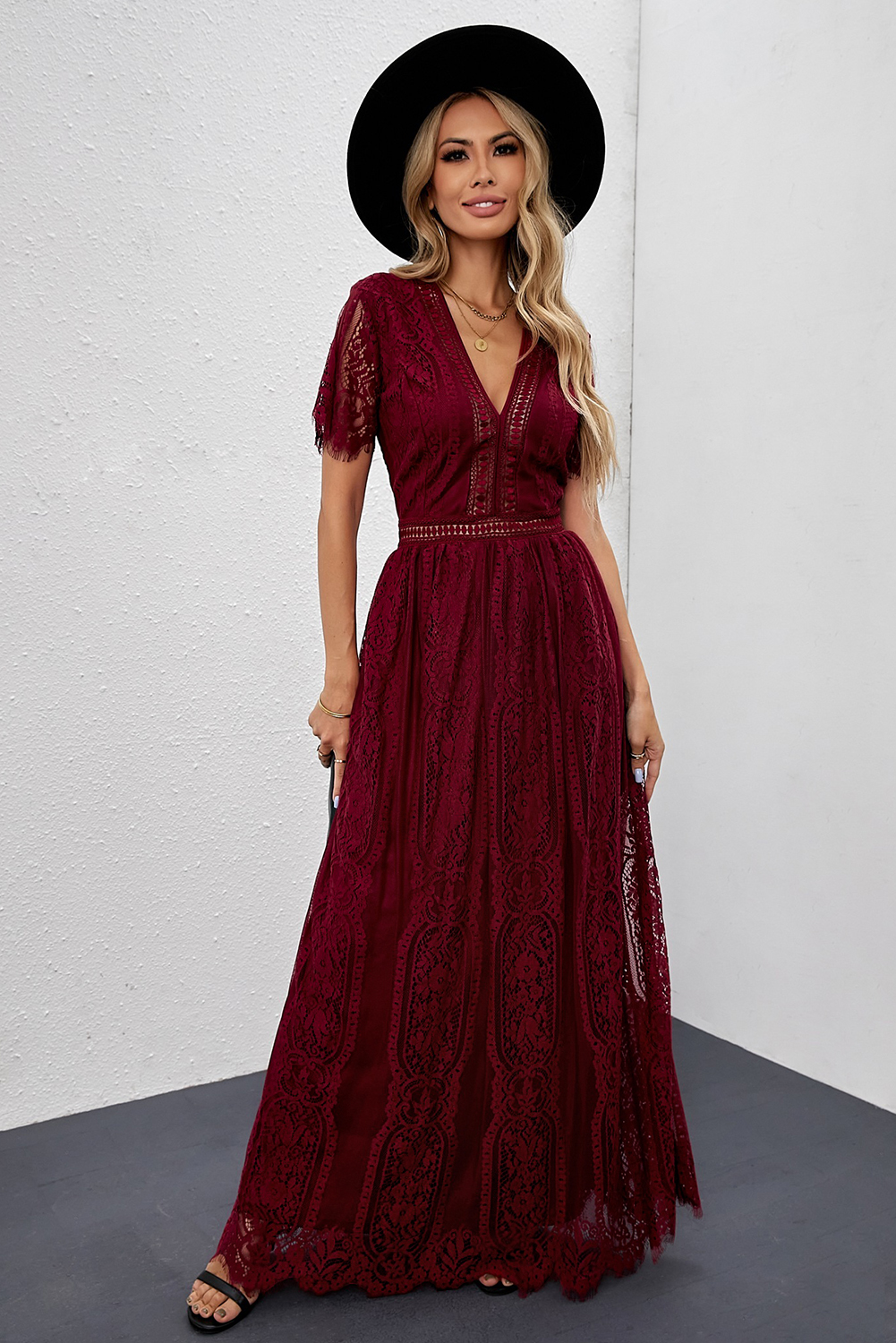 US$ 36.84 - Burgundy Deep V Neck Short Sleeve Lace Maxi Dress - m.unishe.com