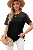 Black Plain Lace Stitching Short Sleeve Tee